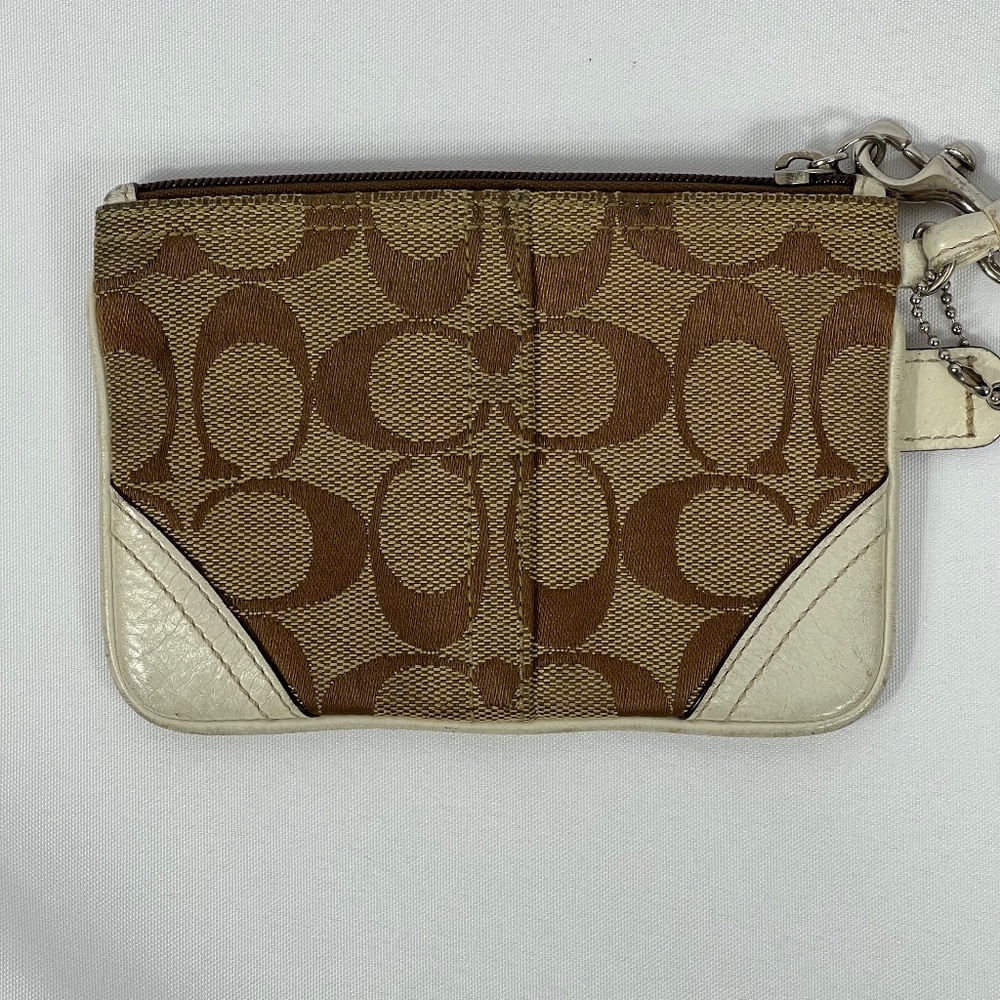 Coach Signature Brown Tan Cream Zipper Wristlet - Picture 2 of 14